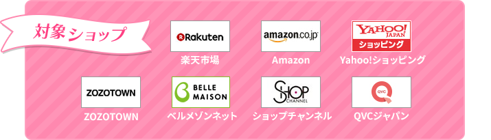 対象ショップ　楽天市場　Amazon　Yahoo!ショッピング　ZOZOTOWN　ベルメゾンネット　ショップチャンネル　QVCジャパン
