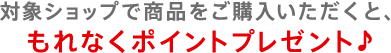 対象ショップで商品をご購入いただくと、もれなくポイントプレゼント♪